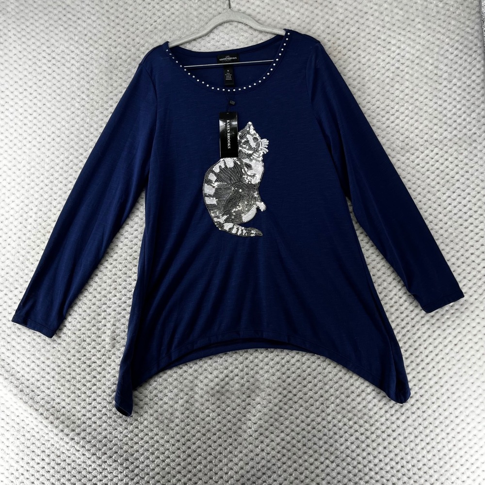 Karen Brooks‎ Sequin Cat Tunic Top Rhinestone Neckline Long Sleeve NWT M